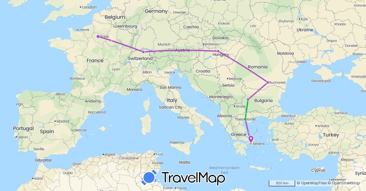 TravelMap itinerary: driving, bus, train in Bulgaria, Switzerland, France, Greece, Hungary, Romania (Europe)